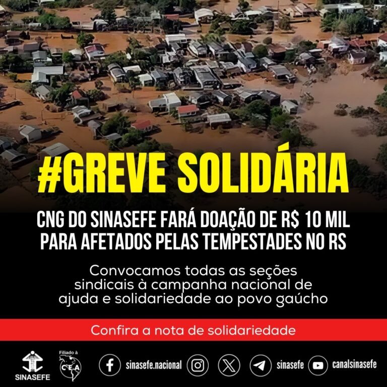 Sinasefe doa 10 mil reais para atingidos pela enchente
